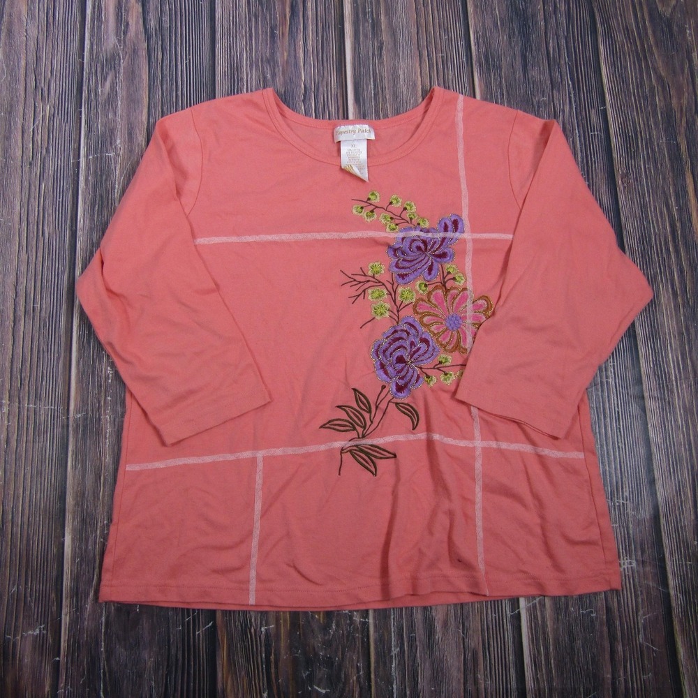 Tapestry Patch Womens XL Pink Embroidered Floral 3/4 Sleeve Tunic T Shirt Top